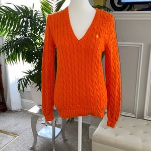 Ralph Lauren Blue Label Orange Cable-Knit V-Neck Sweater